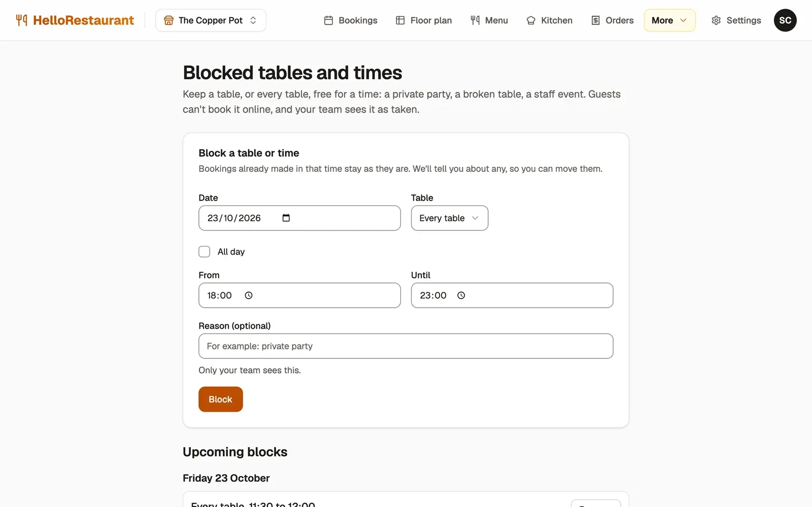 Blocked tables and times: a form with the date, Every table chosen, an All day box, From and Until times of 18:00 and 23:00, a reason and the Block button, with upcoming blocks below.