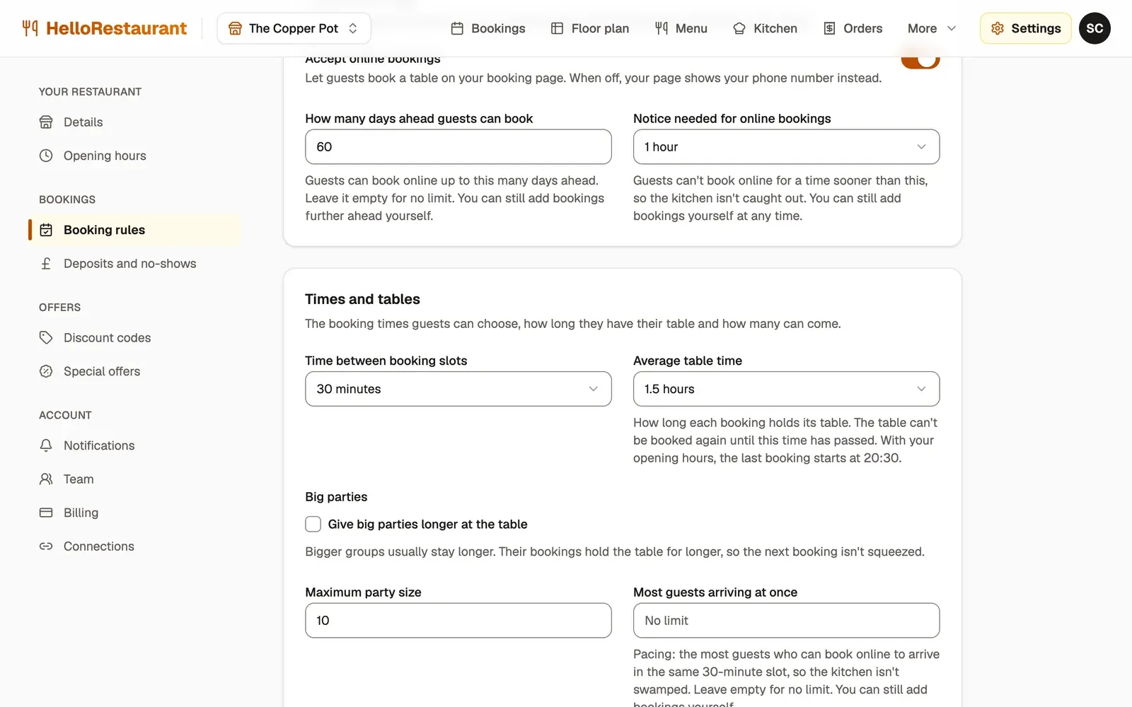Settings, Booking rules: how many days ahead guests can book, the notice needed, the time between booking slots, the average table time, a box to give big parties longer, the maximum party size and how many guests can arrive at once.