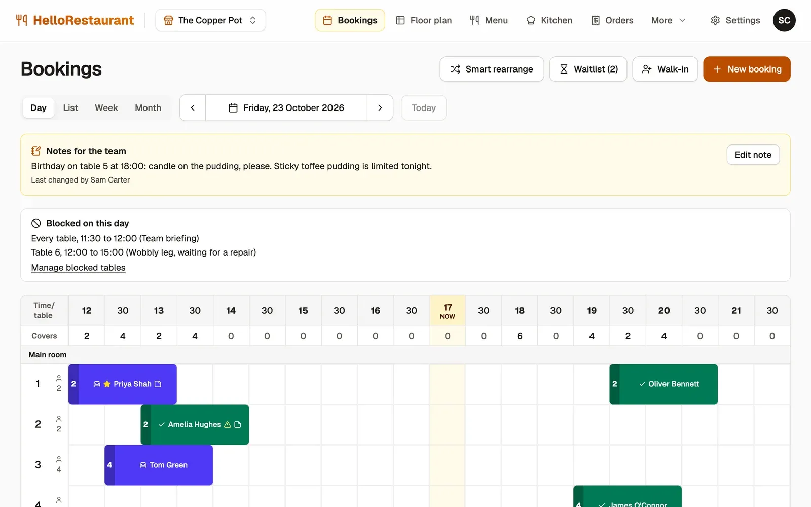 Today's bookings as a grid of tables and times from midday to late evening, each booking showing the guest's name and party size, with a note for the team and the day's blocked tables above.