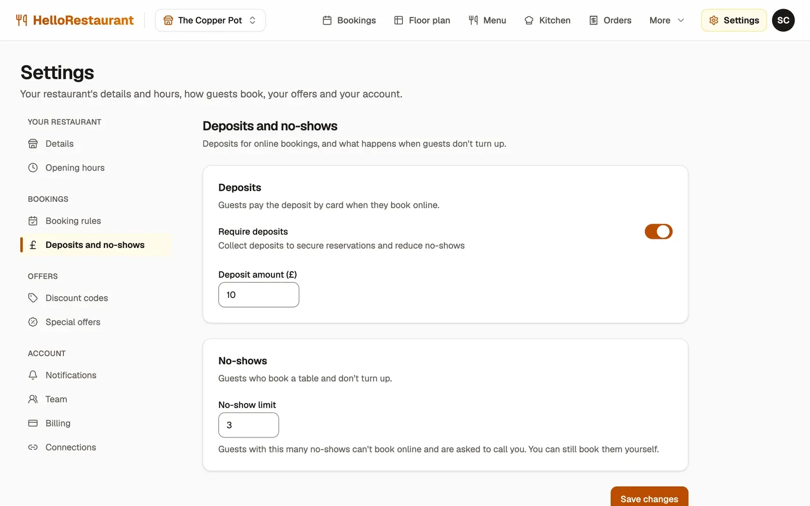 Settings, Deposits and no-shows: Require deposits switched on with a £10 deposit, and a no-show limit of 3.