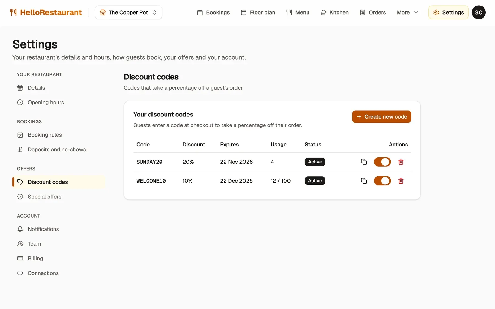 Settings, Discount codes: SUNDAY20 for 20% off, used 4 times, and WELCOME10 for 10% off, used 12 times out of 100, both active, each with copy, on or off and delete buttons.