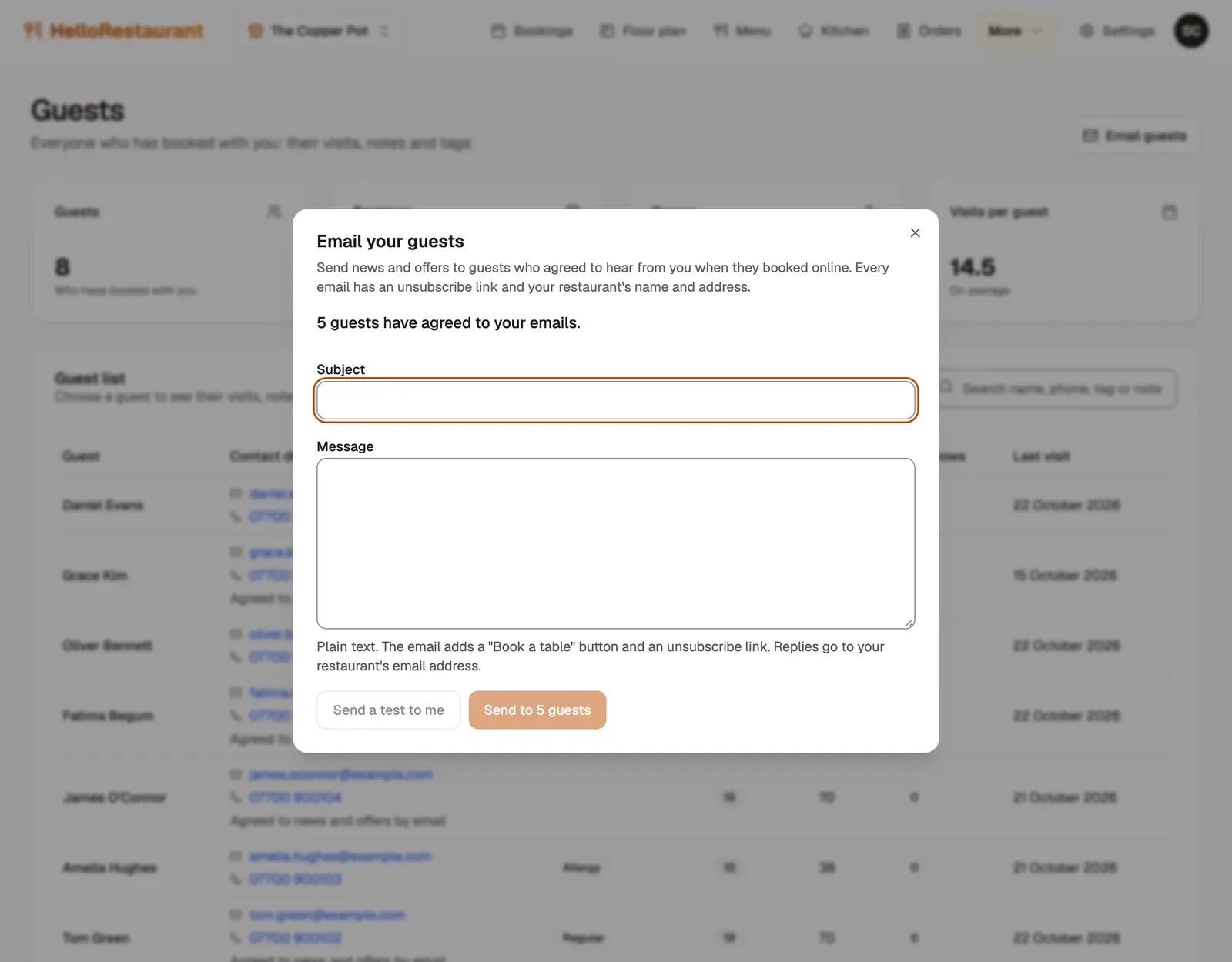 The Email your guests window: 5 guests have agreed to your emails, with boxes for the subject and message, and the Send a test to me and Send to 5 guests buttons.