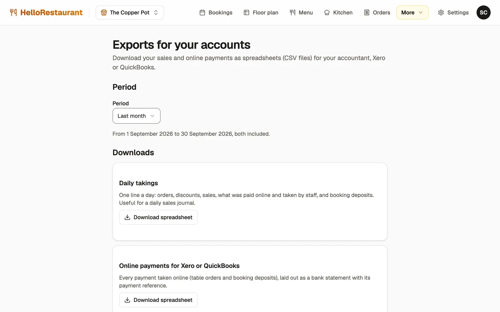 Exports for your accounts: the period set to last month, 1 to 30 September, and downloads for daily takings and for online payments for Xero or QuickBooks.