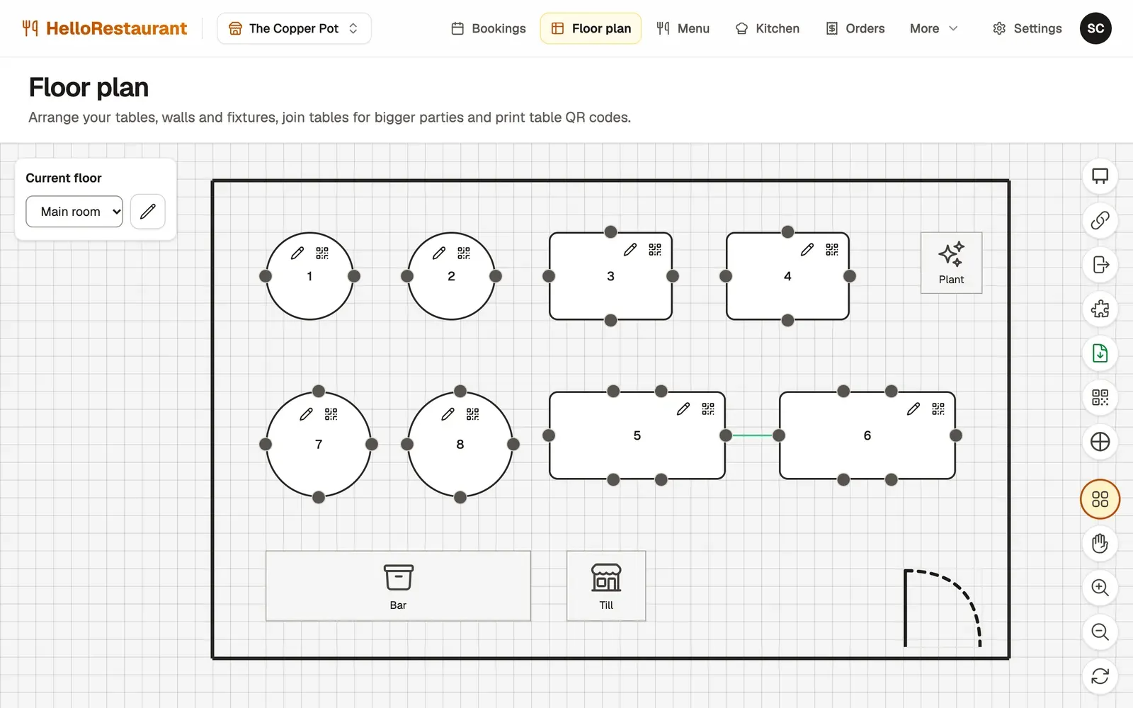 The floor plan: eight tables of two to six seats inside the room's walls, with the bar, the till, the door and a plant, and the tools down the right-hand side.