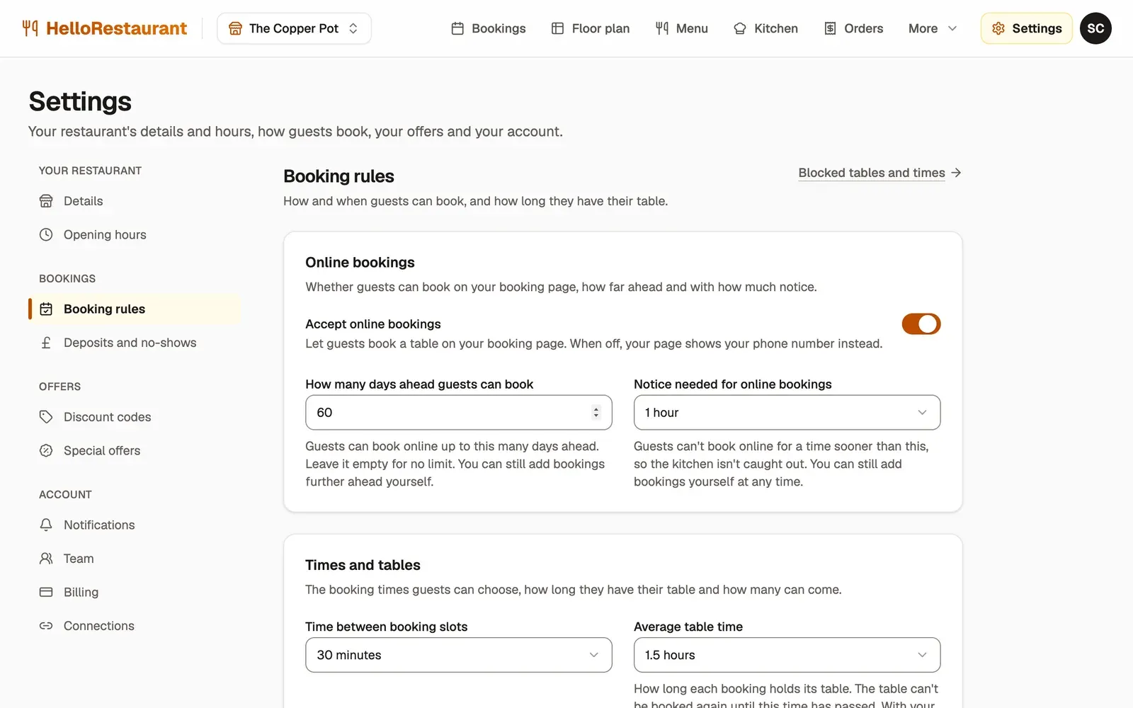 Settings, Booking rules: the Accept online bookings switch, turned on, above how many days ahead guests can book and the notice needed.