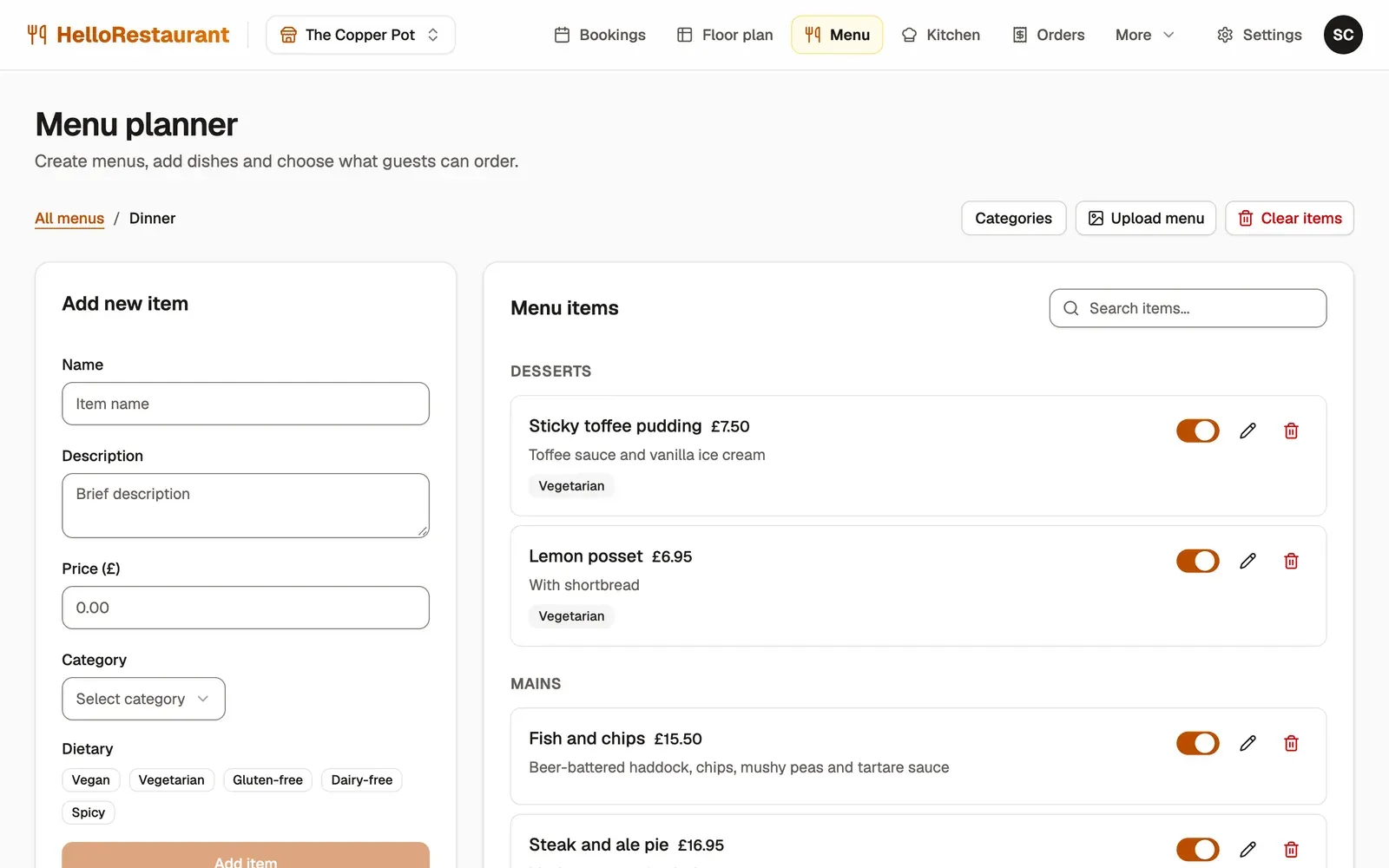 The Dinner menu: a form to add a dish on the left, and the menu's dishes on the right, each with its price, dietary labels and an on or off switch.