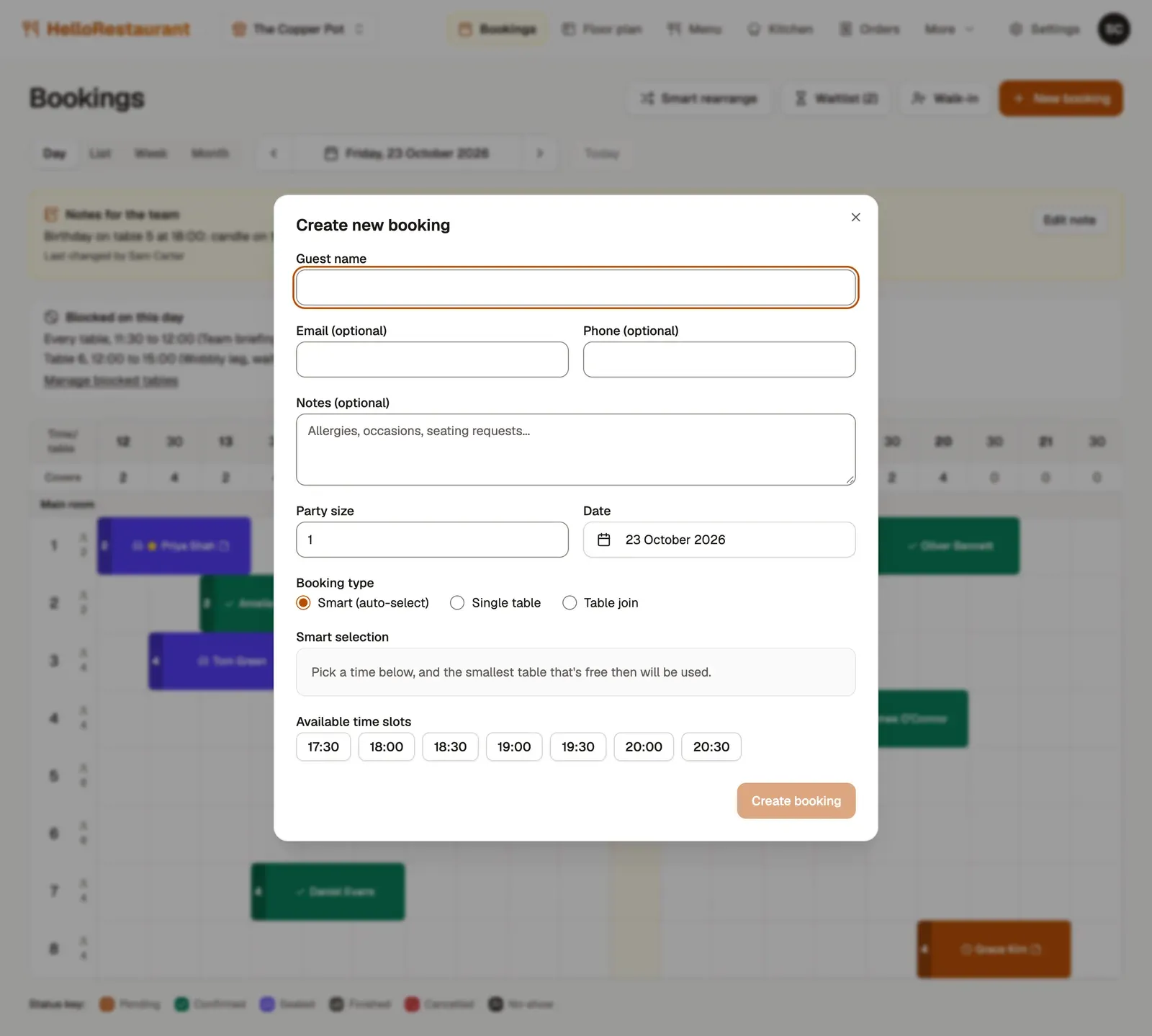 The Create new booking window: guest name, email, phone and notes, party size and date, the booking type set to Smart, and available times from 17:30 to 20:30.