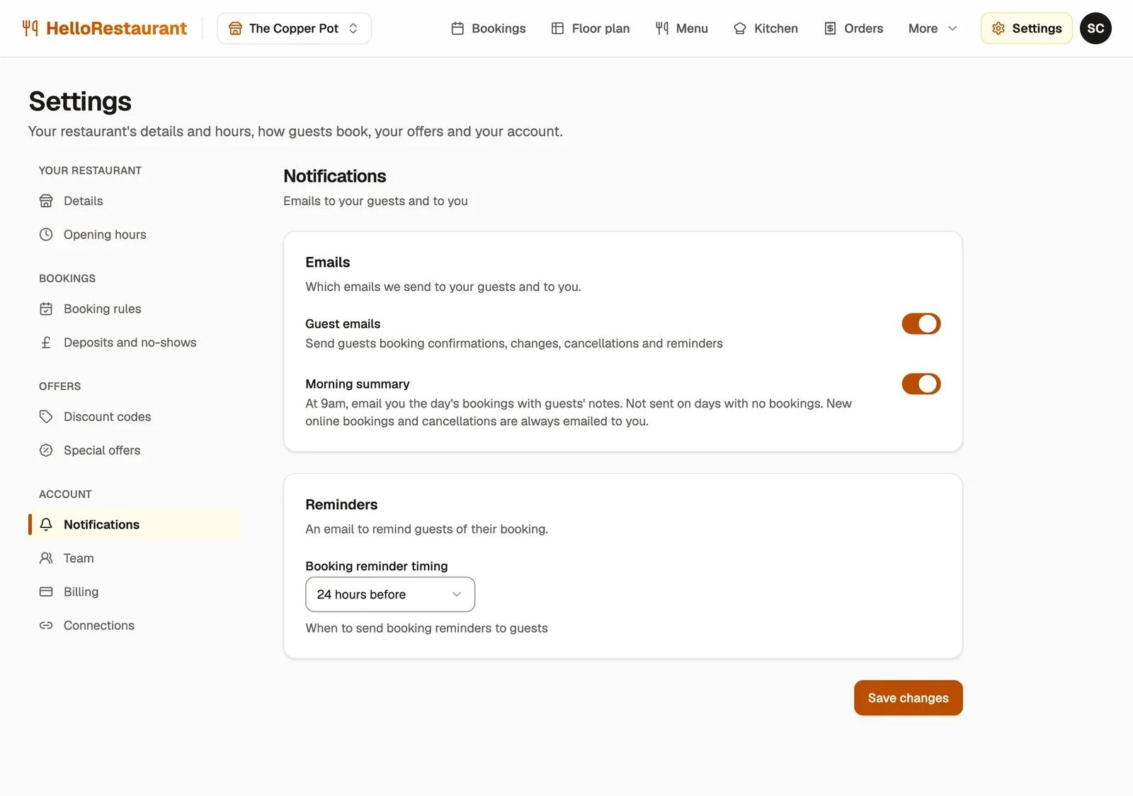 Settings, Notifications: Guest emails and Morning summary switched on, and booking reminders sent 24 hours before.