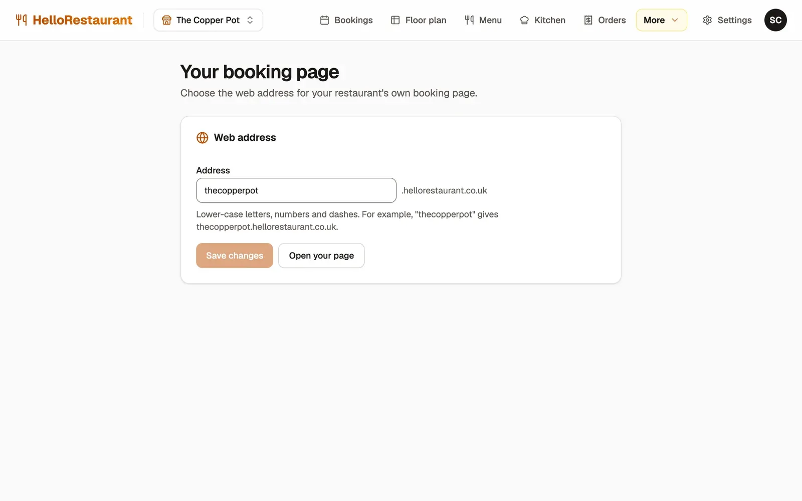 Your booking page settings: the web address thecopperpot.hellorestaurant.co.uk, with Save changes and Open your page buttons.