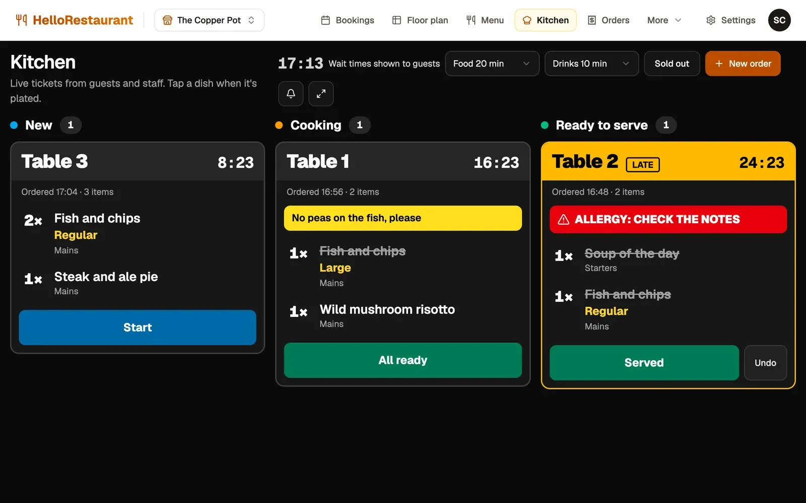 The kitchen screen: tickets for three tables under New, Cooking and Ready to serve, with timers, a special request and an allergy warning.
