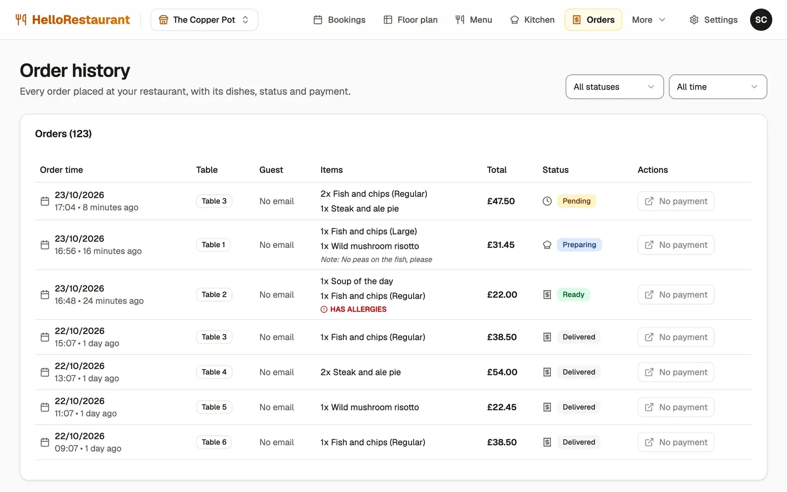 Order history: 123 orders, each with its time, table, the dishes ordered, the total, its status and whether there was a payment, filtered by all statuses and all time.