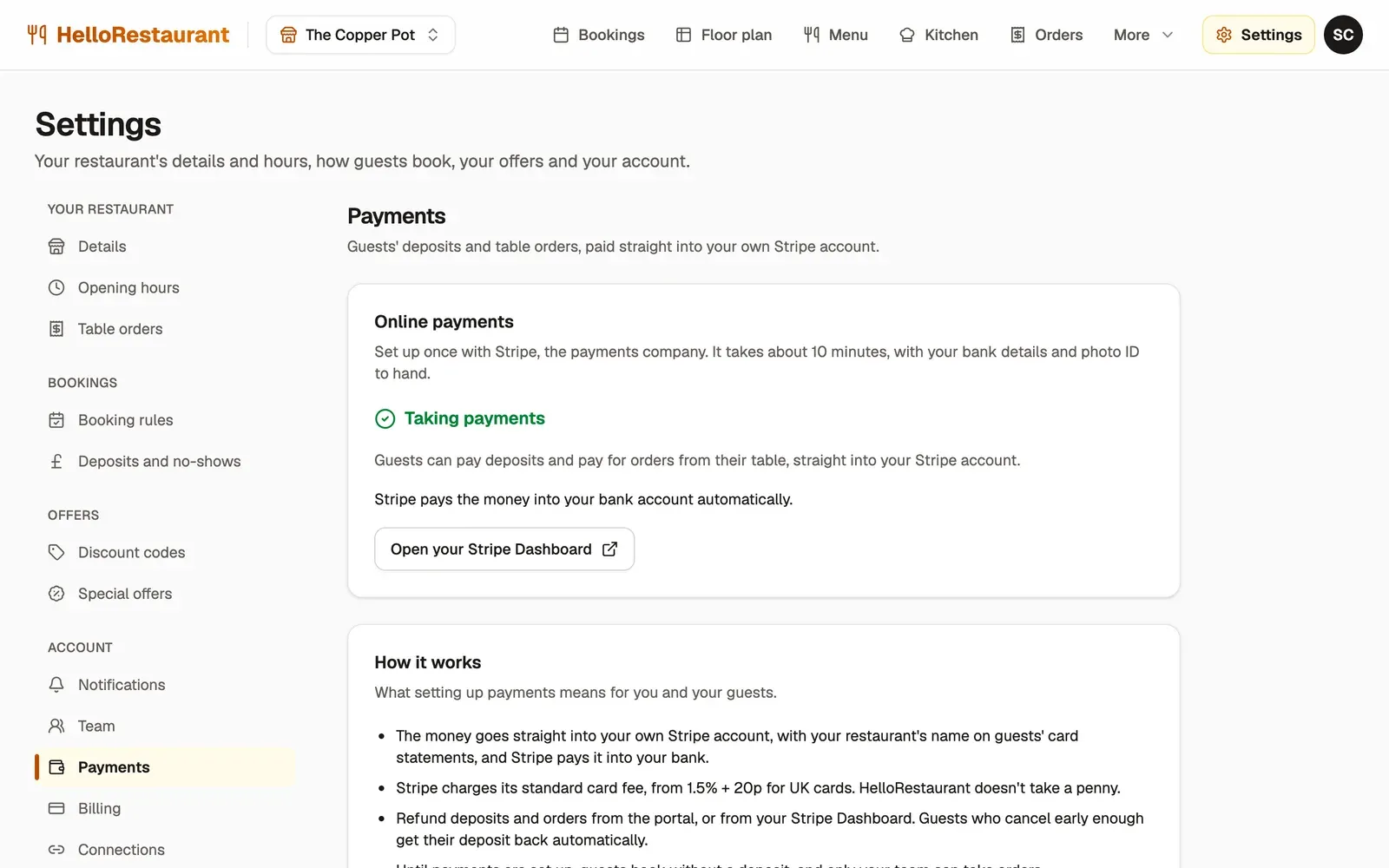 Settings, Payments: Taking payments, with a note that Stripe pays the money into the bank account automatically, and an Open your Stripe Dashboard button.