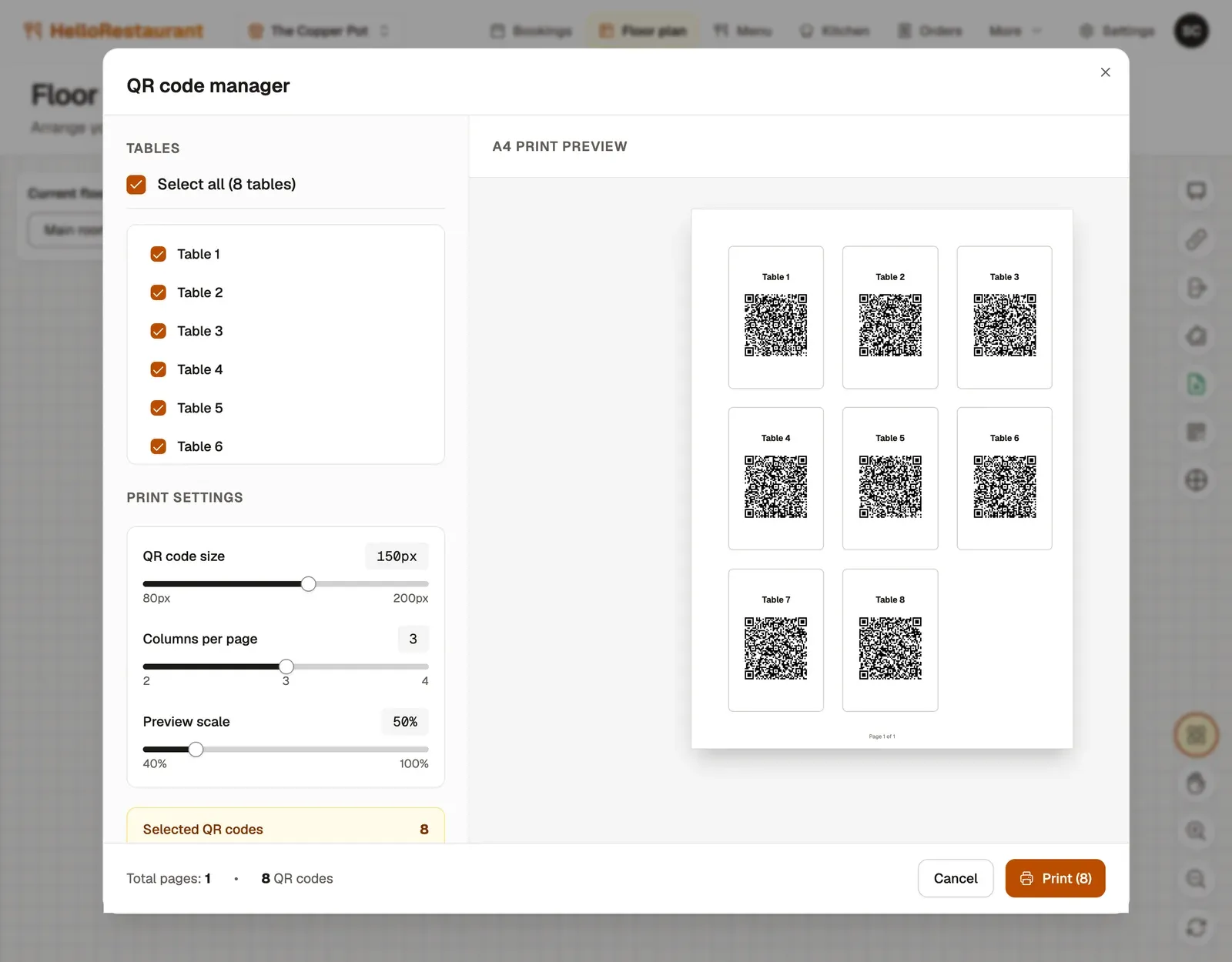 The QR code manager: all eight tables ticked, print settings for the code size and columns per page, and an A4 preview of eight QR codes, each labelled with its table number.