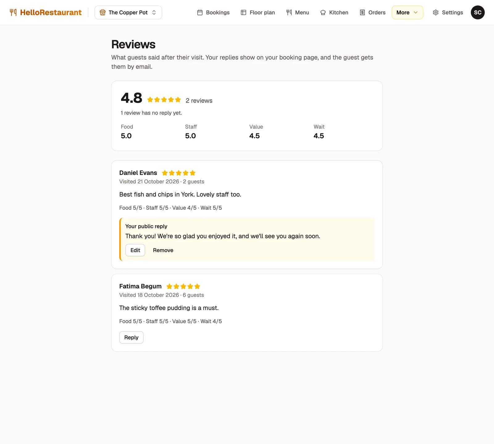 Reviews: an average of 4.8 stars from 2 reviews, with one still to reply to. Below, Daniel Evans' review with your public reply, and Fatima Begum's review with a Reply button.