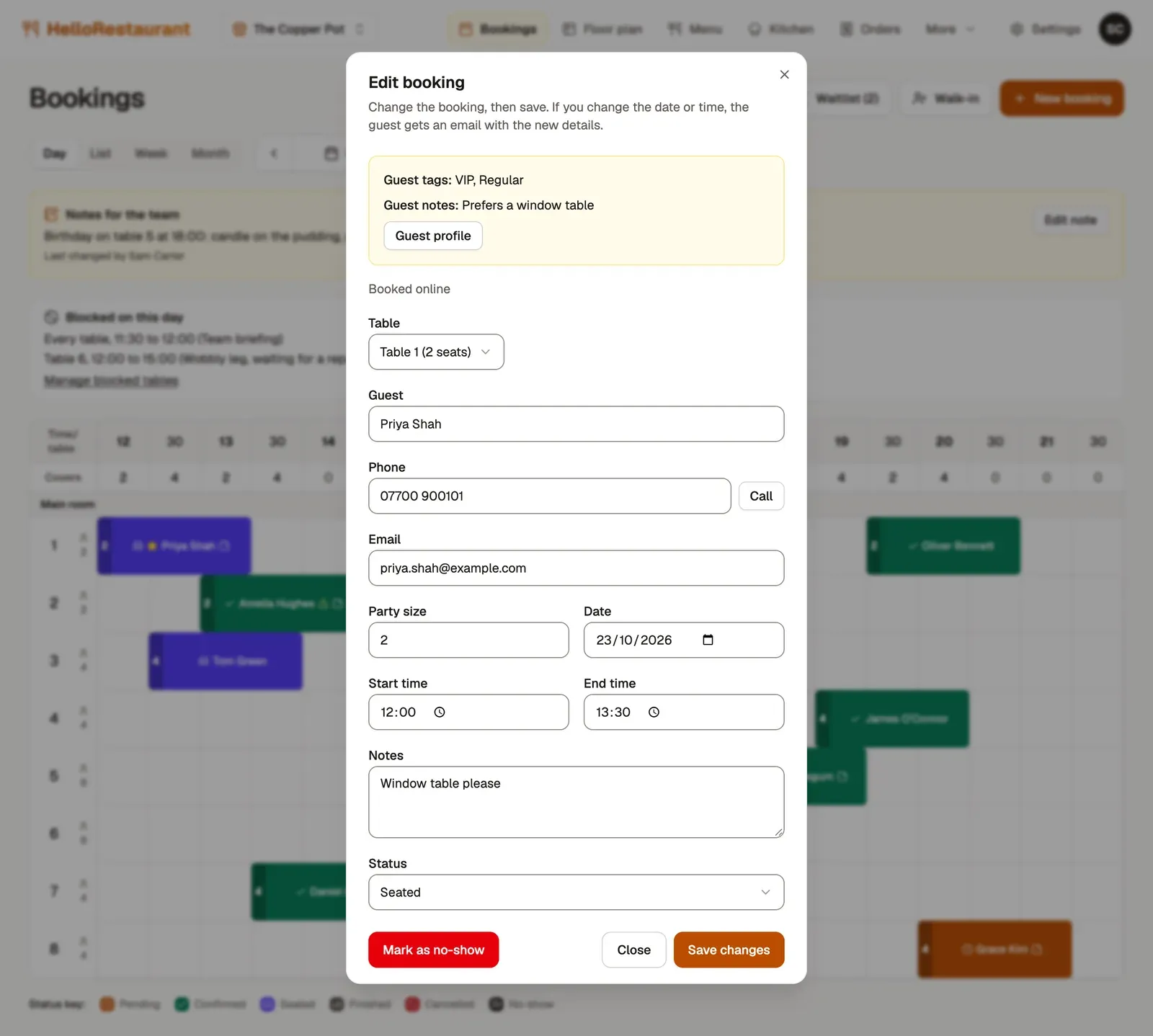 The Edit booking window over the bookings grid, showing Priya Shah's guest tags and notes, her table, contact details, date and time, status, and the Mark as no-show and Save changes buttons.