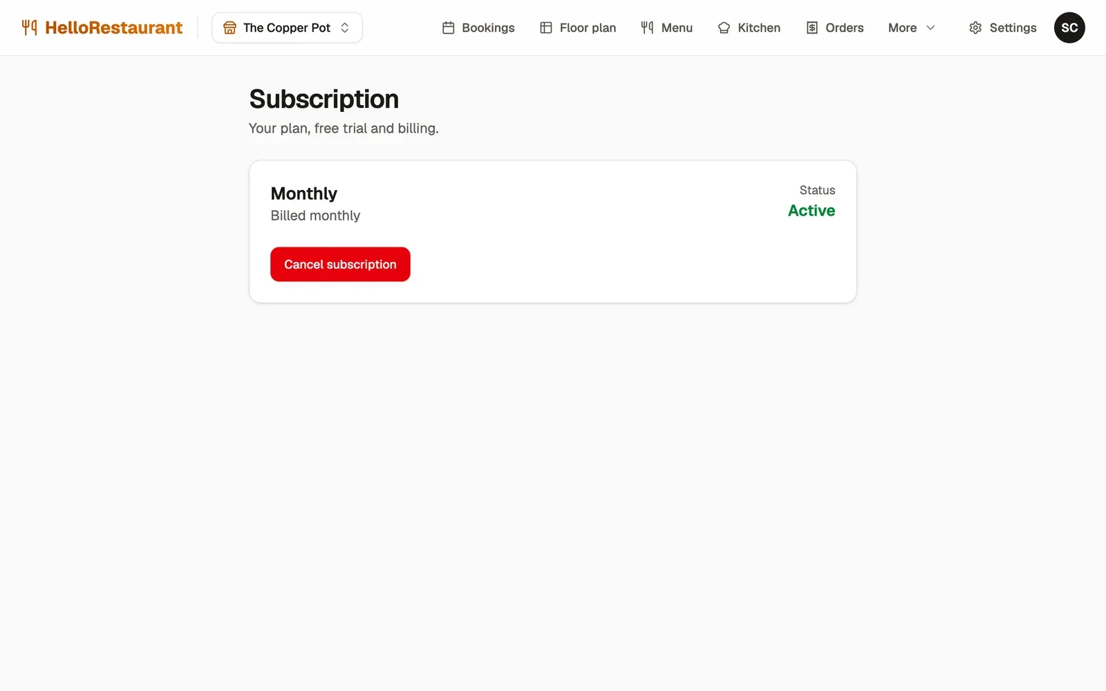 The subscription page: the Monthly plan, active and billed monthly, with the Cancel subscription button.