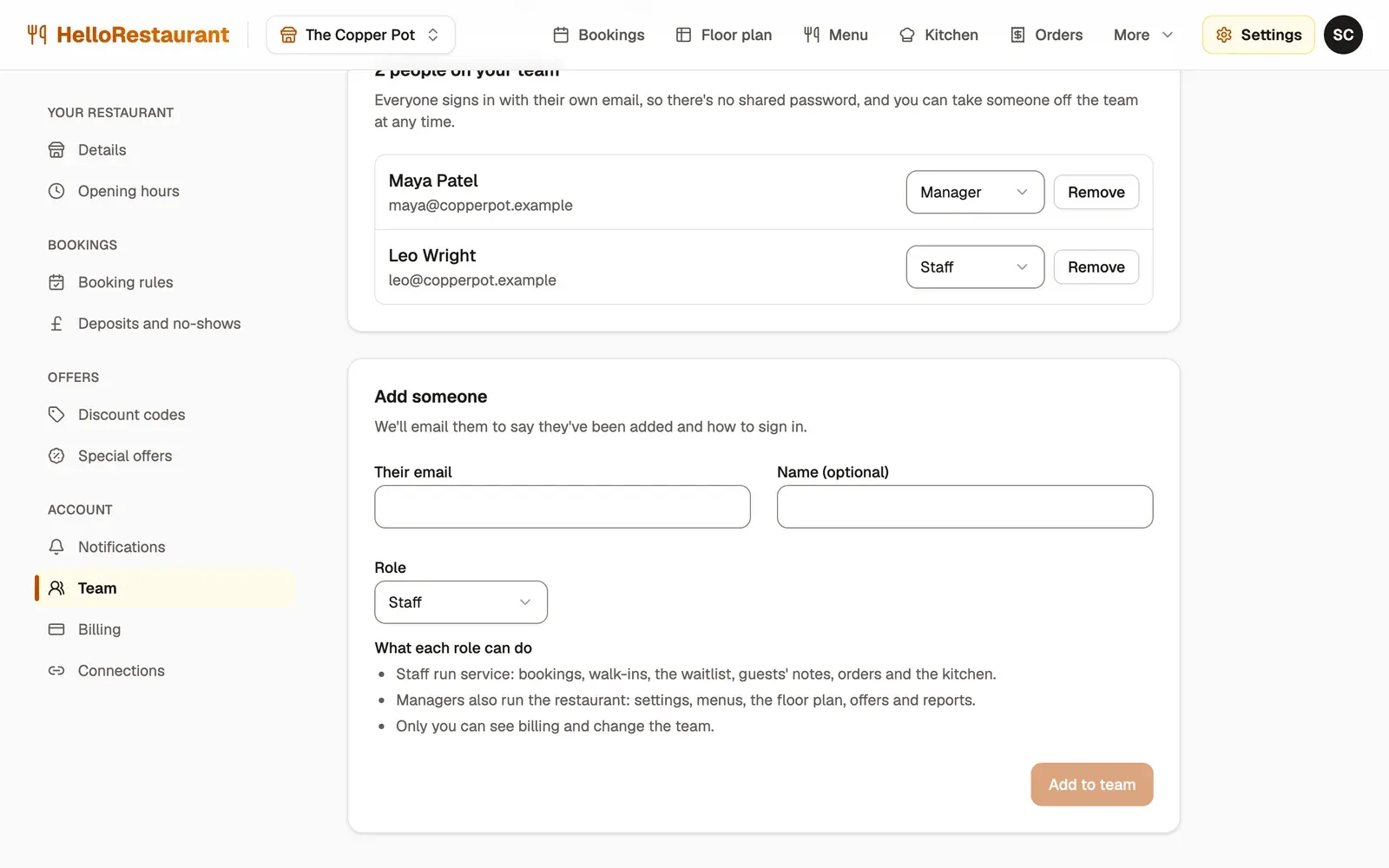 Settings, Team: Maya Patel as a manager and Leo Wright as staff, and a form to add someone by email and choose their role.