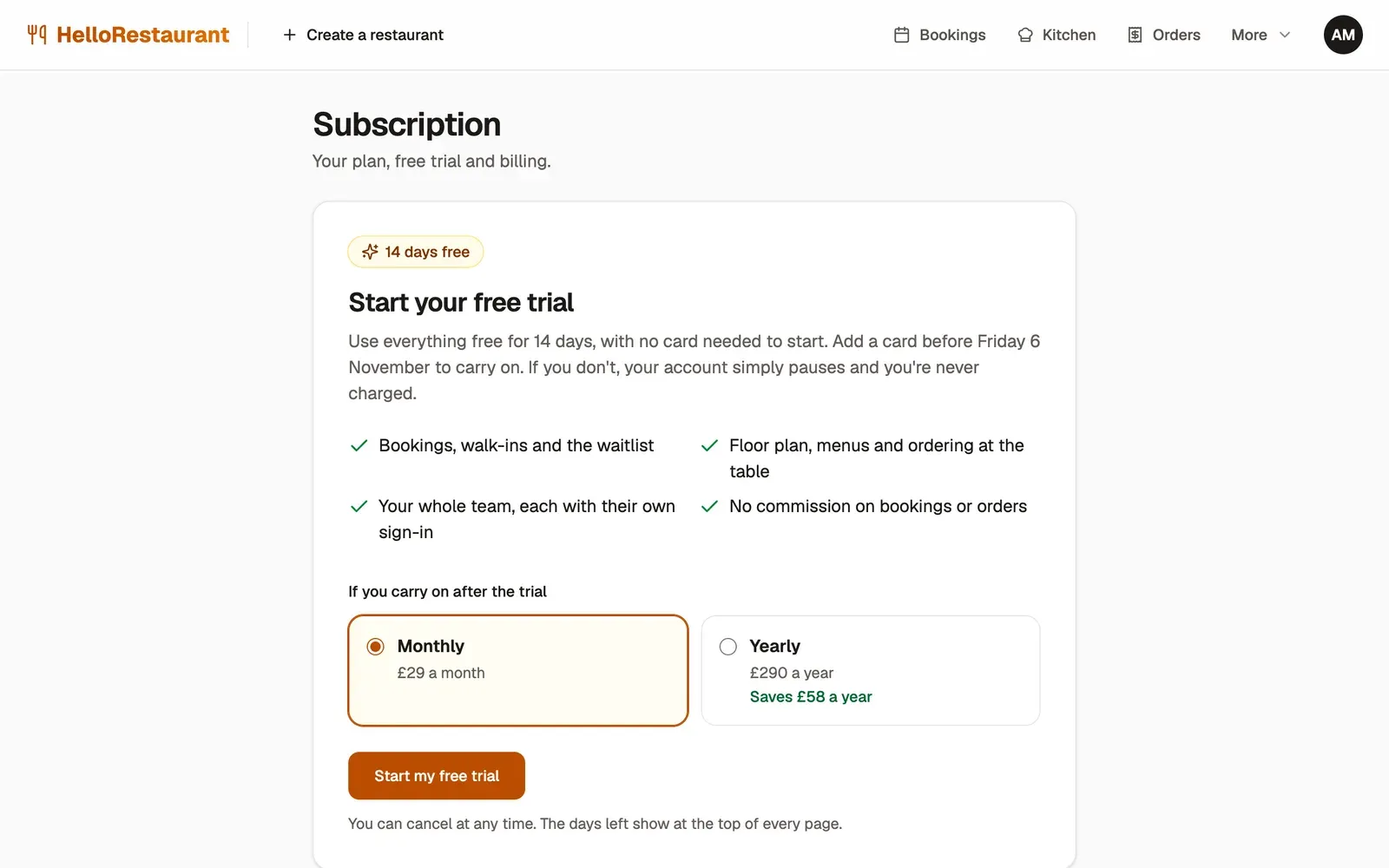 The subscription page offering a 14-day free trial: Monthly at £29 a month and Yearly at £290 a year, which saves £58, and the Start my free trial button.