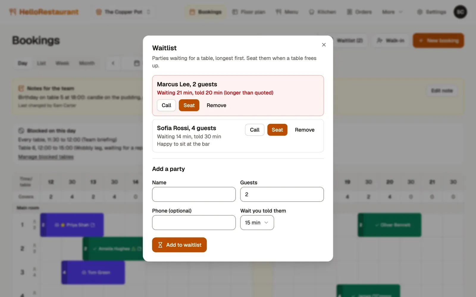 The waitlist: Marcus Lee, 2 guests, waiting 16 minutes and told 20, and Sofia Rossi, 4 guests, waiting 9 minutes and told 30, each with Call, Seat and Remove buttons. Below, a form to add a party.